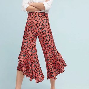 Anthroplogie Twa Virginie Womens Red Wide Leg Ruffle Floral Pants